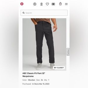 Lululemon Mens ABC Classic Fit Pant - Warpstreme in Obsidian size 34 x 32